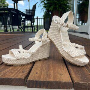 NWOT - Woven Cream & Khaki Wedge Strappy Sandals Women’s Size 7.5